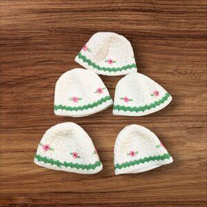 Hand-Crocheted Mini Hats Set Of 5 Doll Accessories Or Egg Covers Floral Embroide